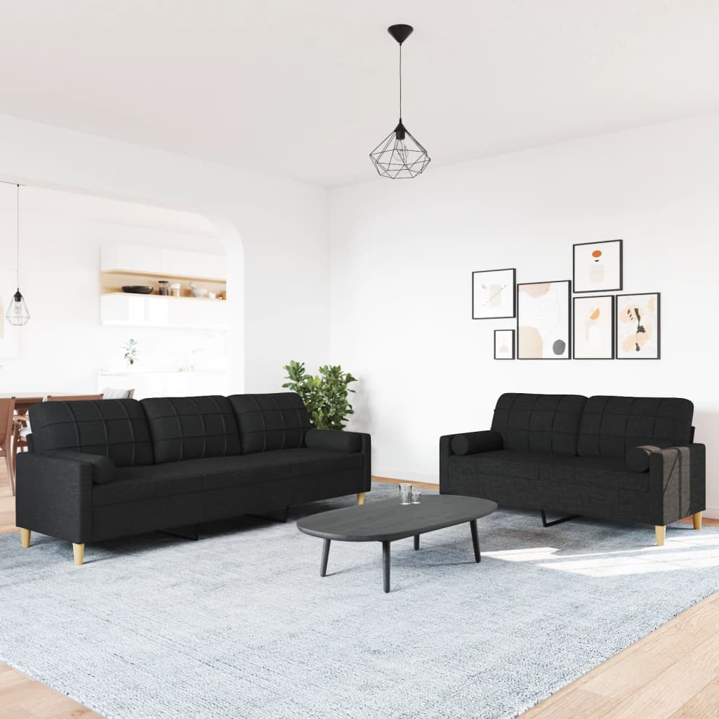 Sofas game with cushions 2 pieces black fabric