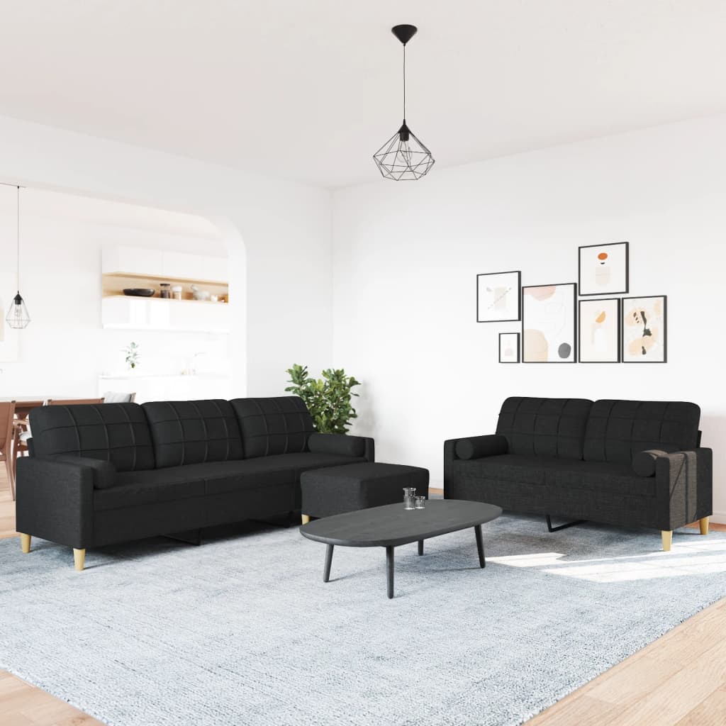 Sofa -Set 3 Stücke mit Pflanzen und schwarzen Stoffkissen