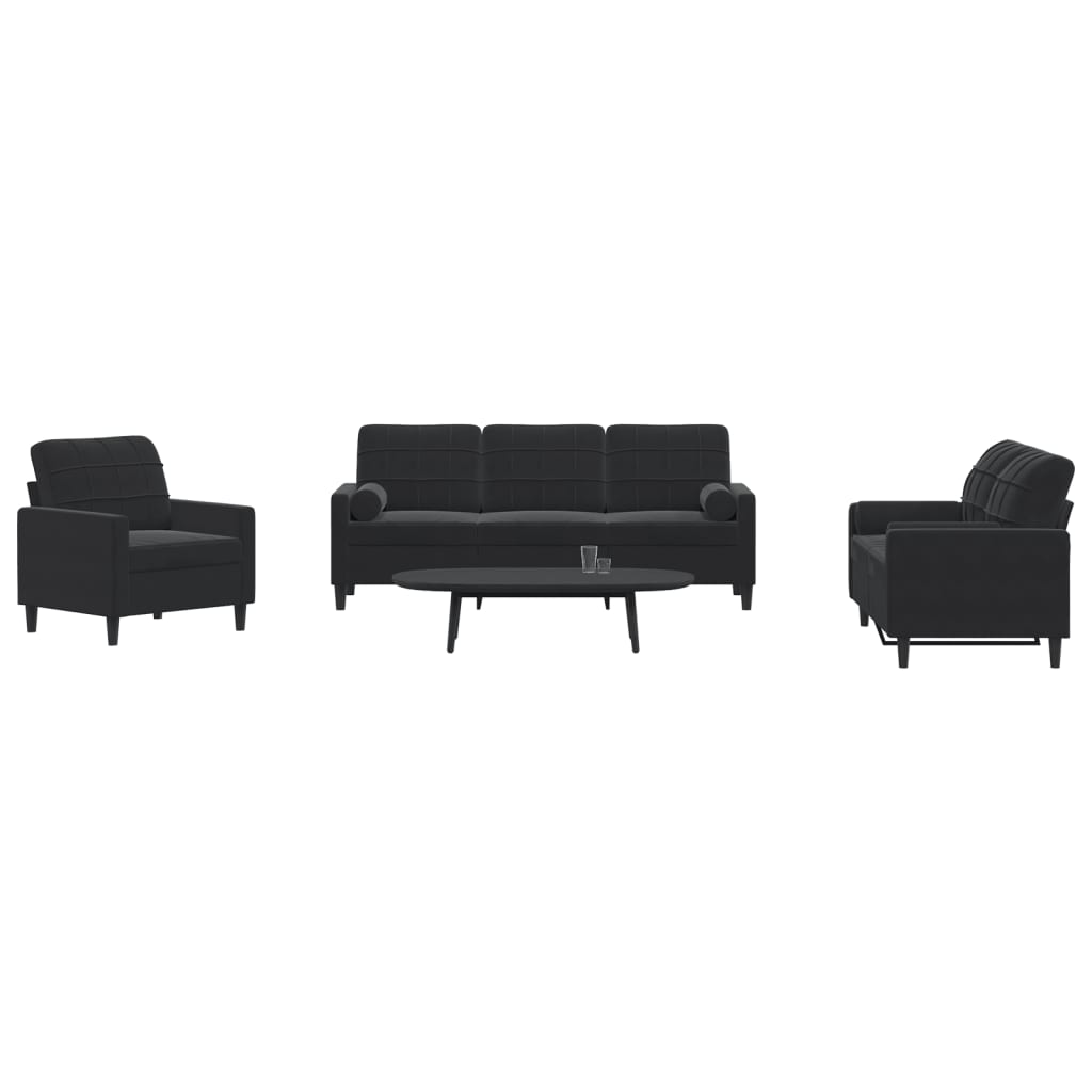 Juego de sofás de terciopelo negro de 3 piezas, incluye loveseat y sillones, ideal para relajarse y socializar.