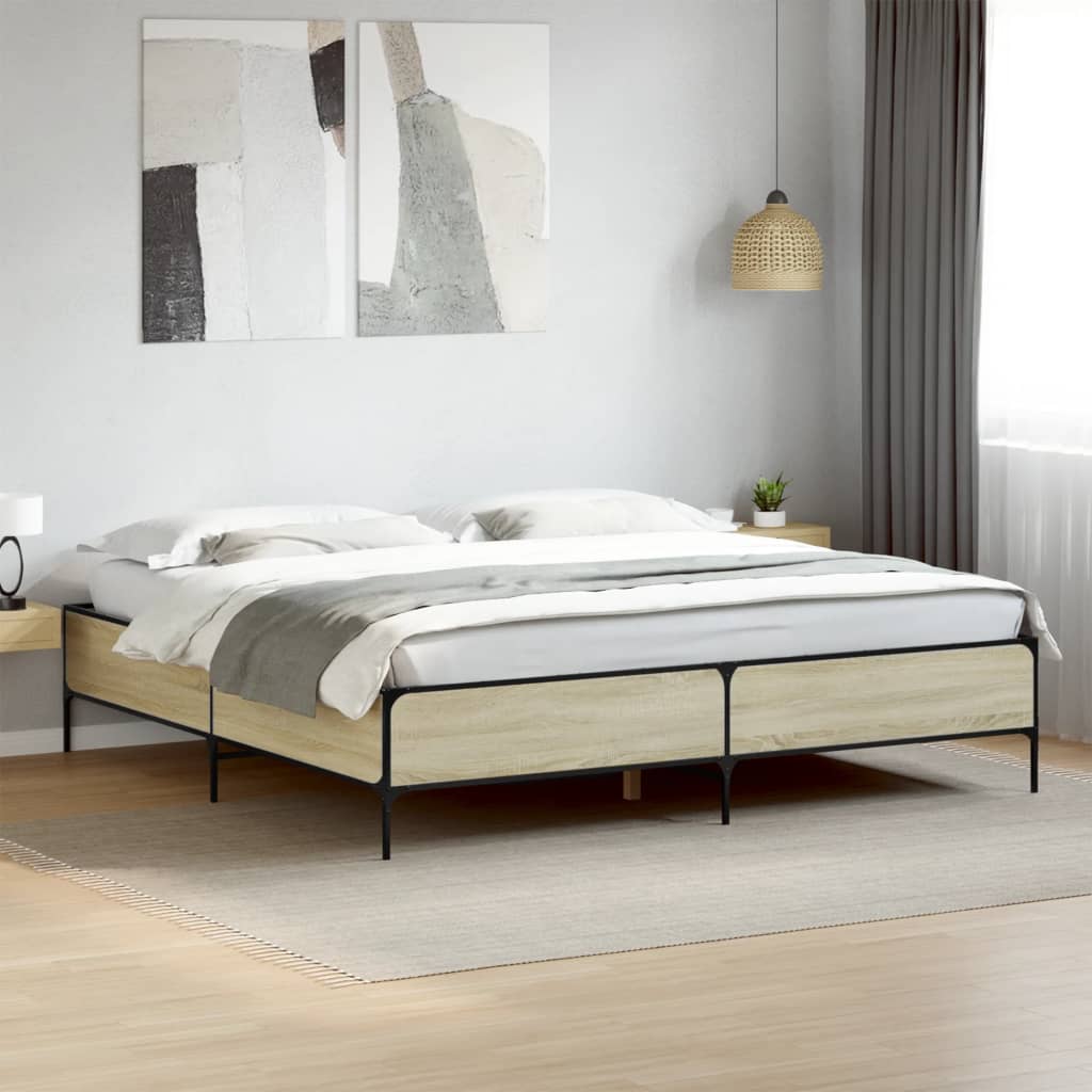 Vetonek Estructura cama madera ingeniería metal roble Sonoma 200x200 cm