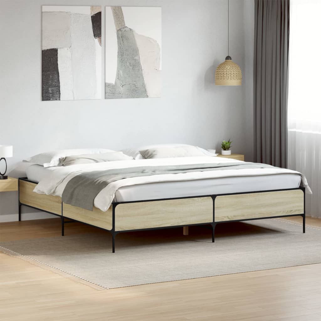 Vetonek Estructura cama madera ingeniería metal roble Sonoma 180x200 cm