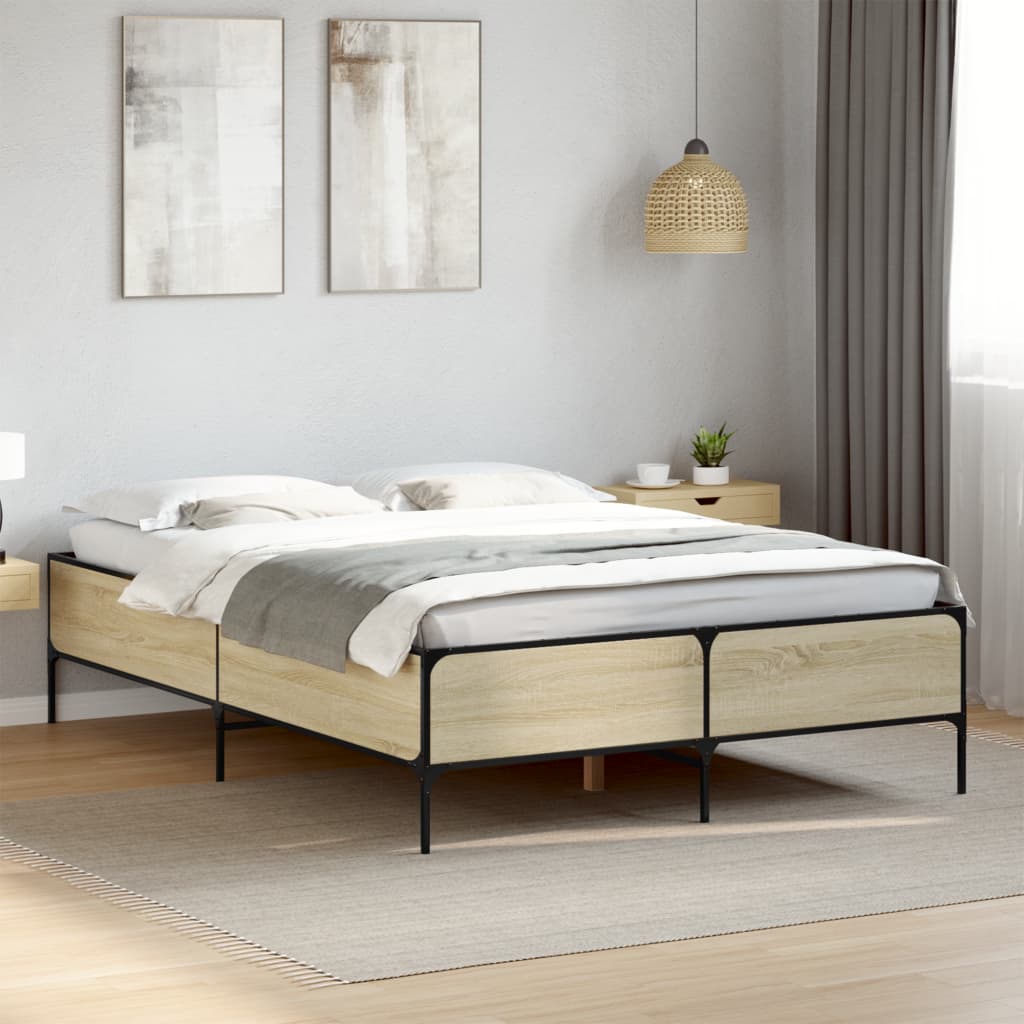 Vetonek Estructura cama madera ingeniería metal roble Sonoma 160x200 cm