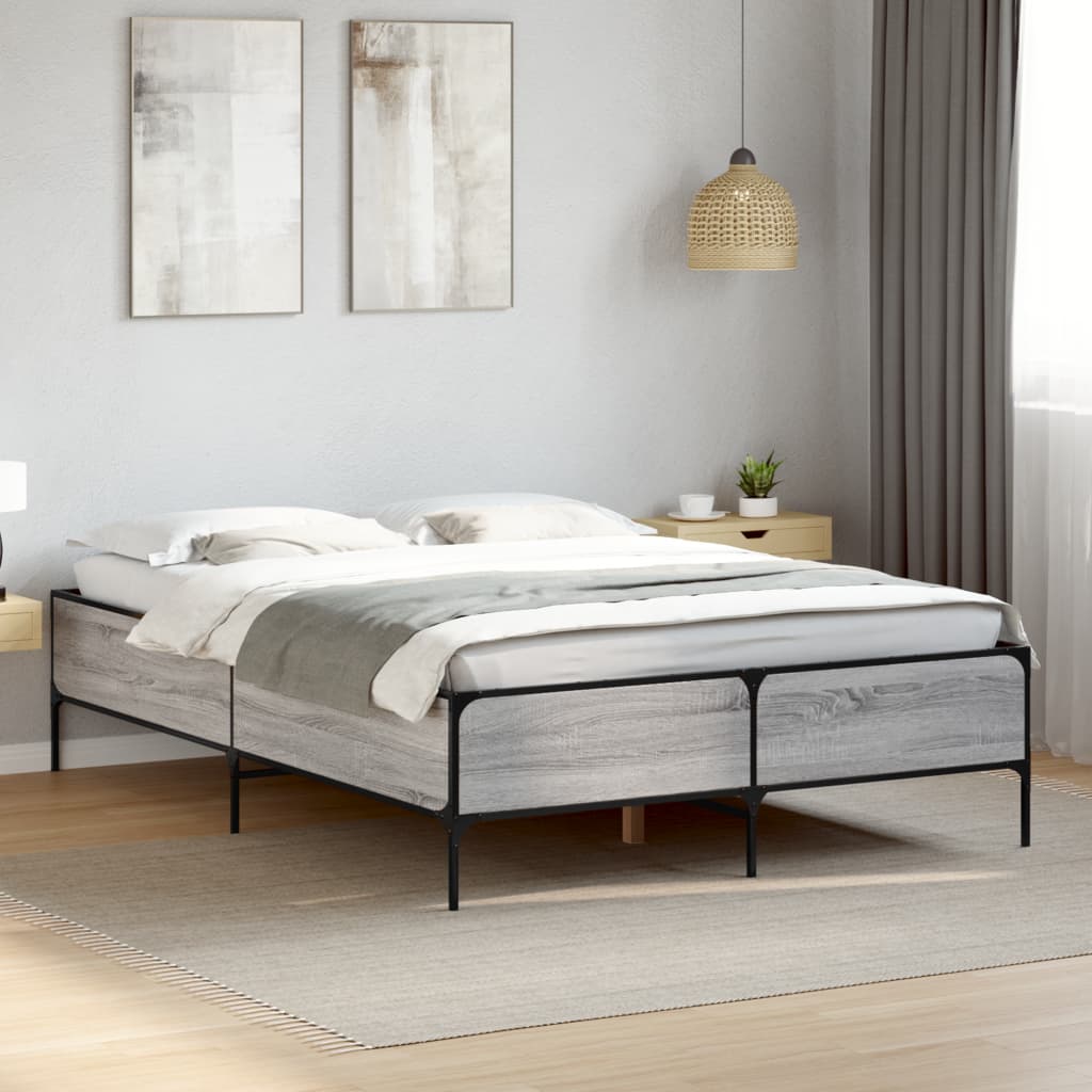 Vetonek Estructura cama madera ingeniería metal gris Sonoma 150x200 cm