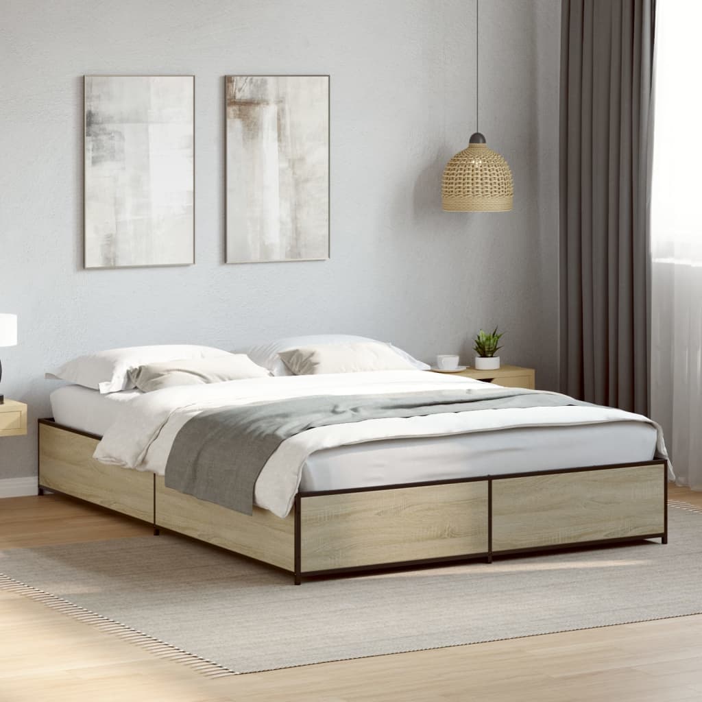 Vetonek Estructura cama madera ingeniería metal roble Sonoma 150x200 cm