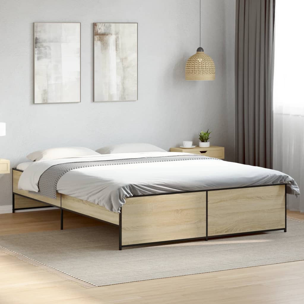 Vetonek Estructura cama madera ingeniería metal roble Sonoma 160x200 cm