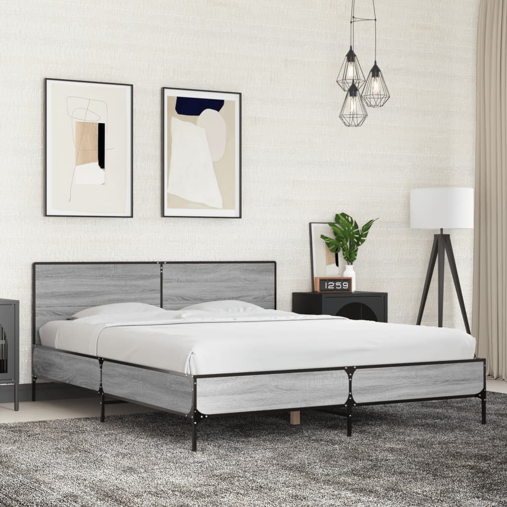 Vetonek Estructura cama madera ingeniería metal gris Sonoma 150x200 cm