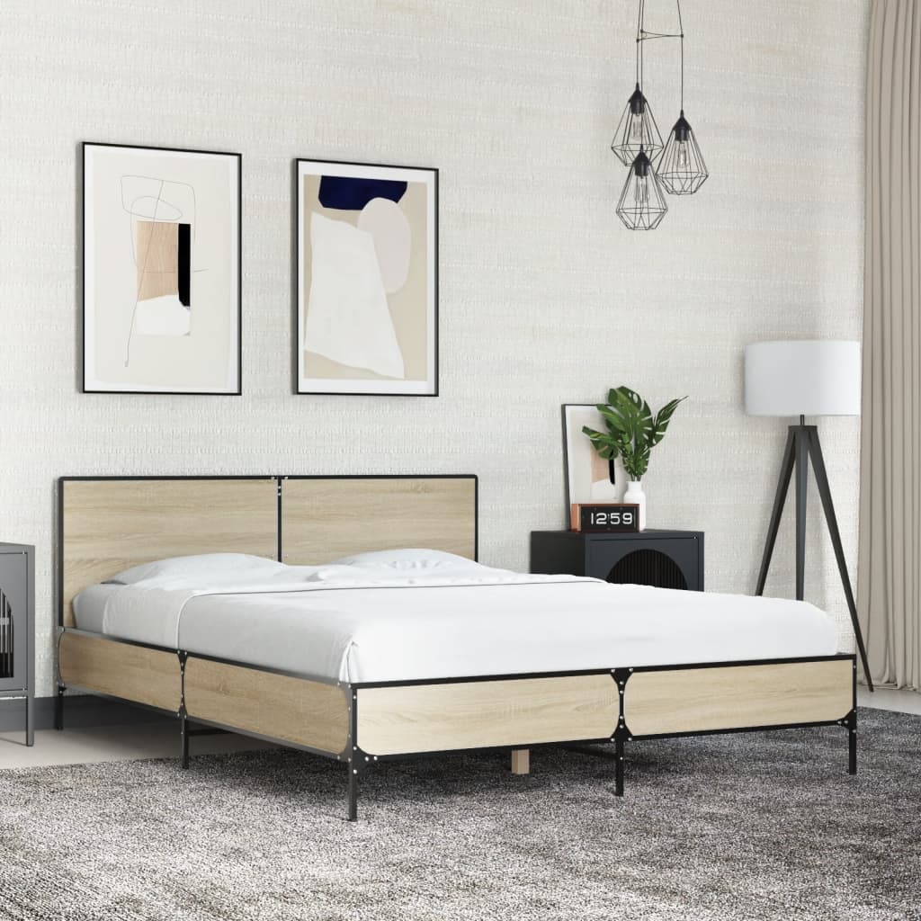 Vetonek Estructura cama madera ingeniería metal roble Sonoma 140x190 cm