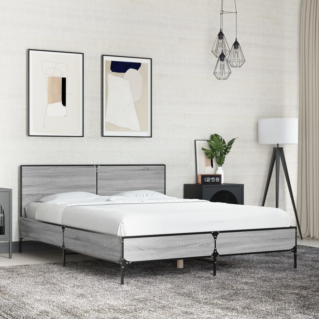 Vetonek Estructura cama madera ingeniería metal gris Sonoma 140x190 cm