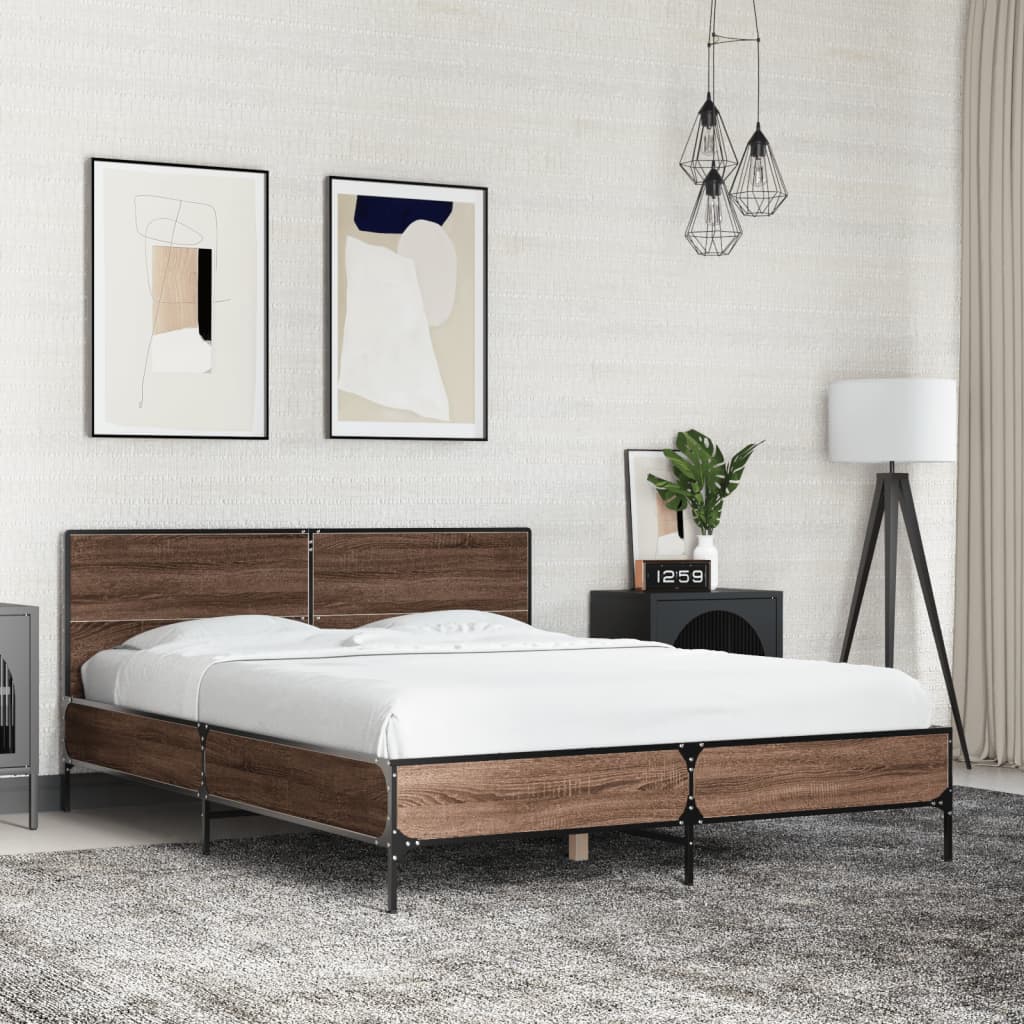 Vetonek Estructura cama madera ingeniería metal marrón roble 140x190 cm