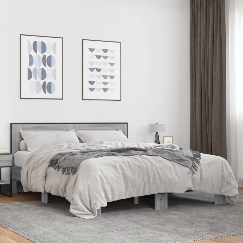 Vetonek Estructura cama madera ingeniería metal gris Sonoma 160x200 cm