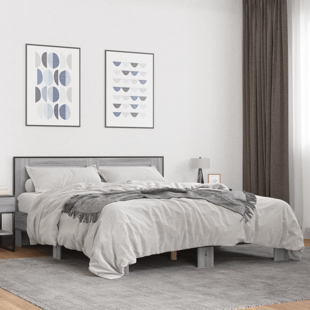 Vetonek Estructura cama madera ingeniería metal gris Sonoma 150x200 cm