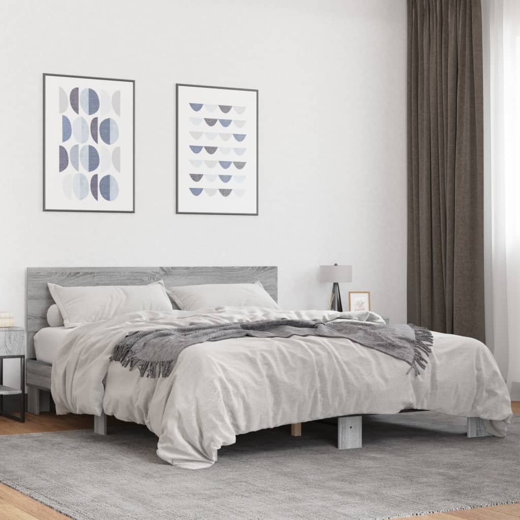 Vetonek Estructura cama madera ingeniería metal gris Sonoma 150x200 cm