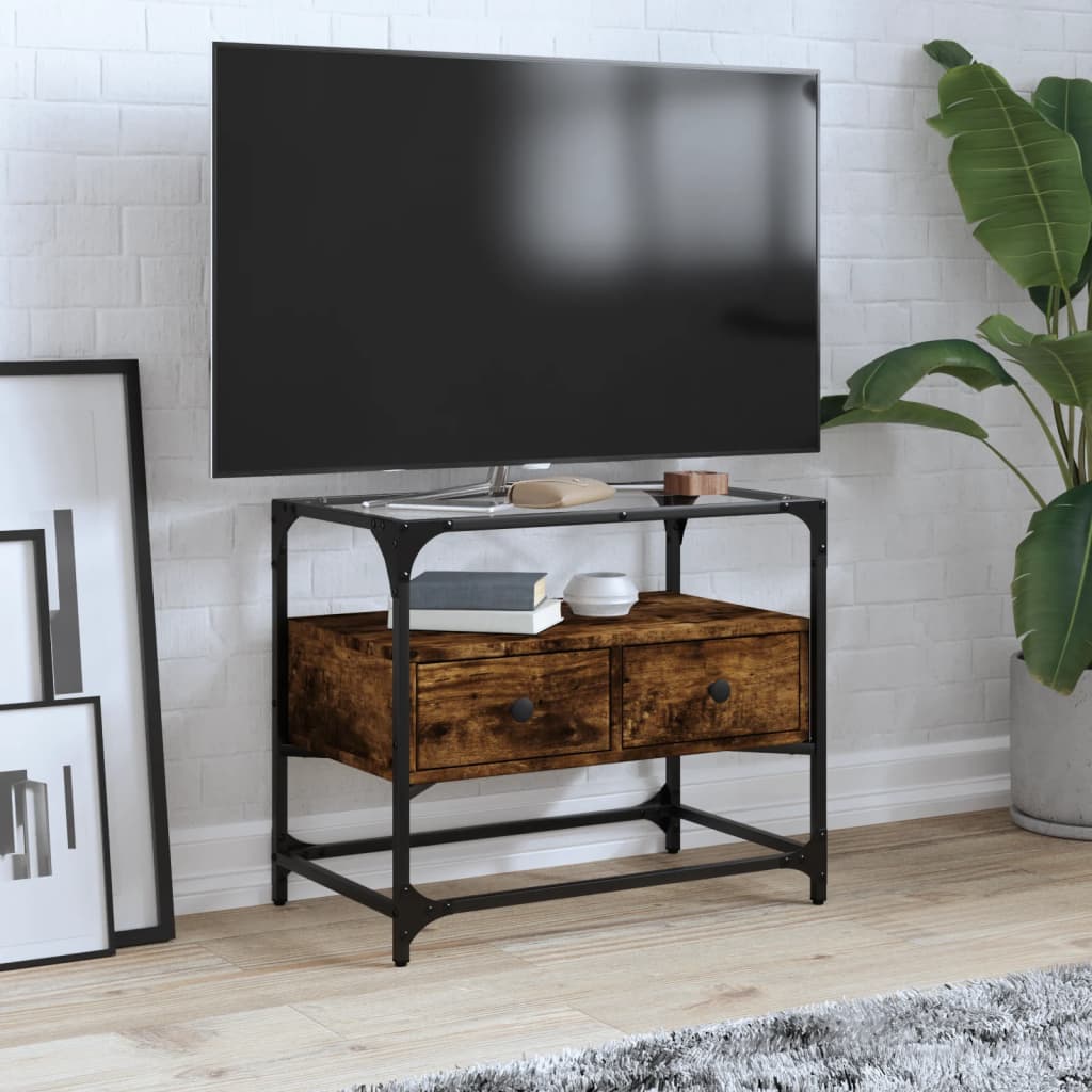 Vetonek Mueble TV cristal y madera ingeniería roble ahumado 60x35x51 cm