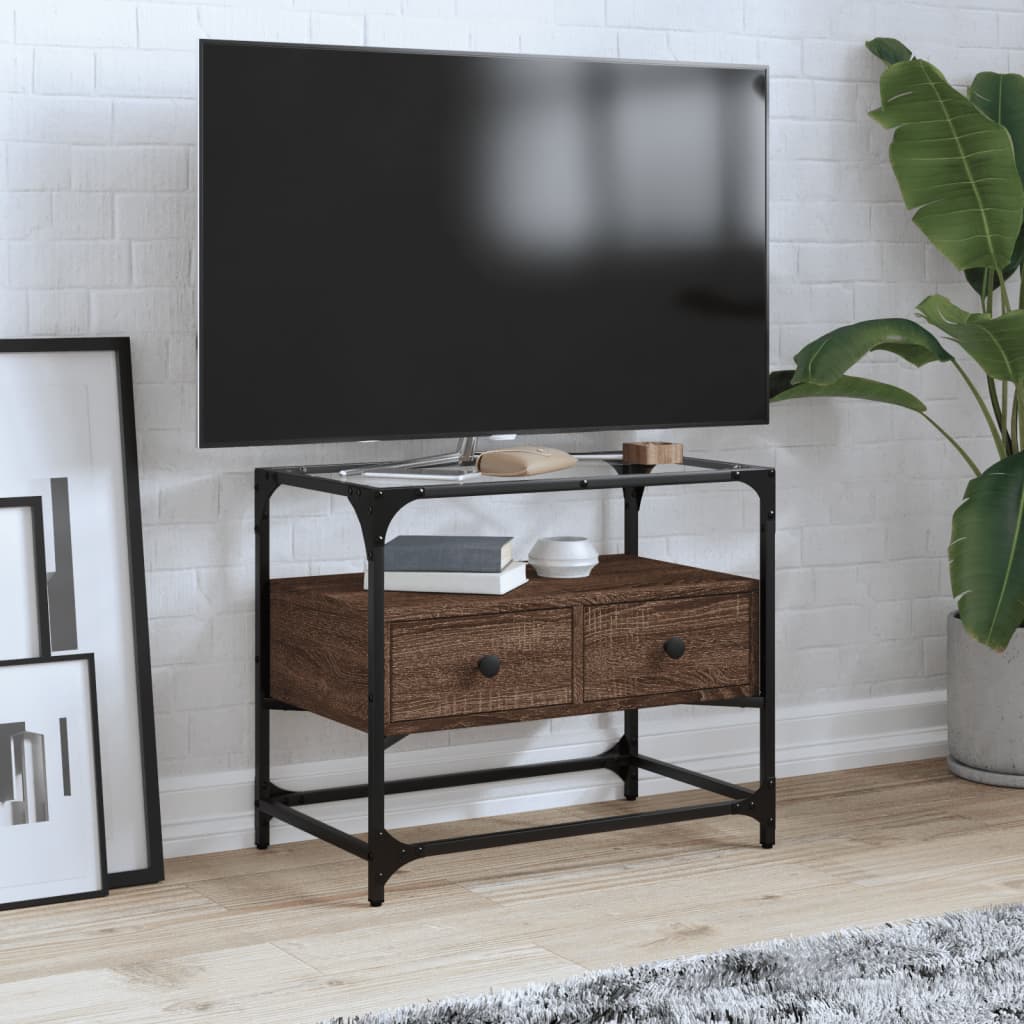 Vetonek Mueble TV cristal y madera ingeniería marrón roble 60x35x51 cm