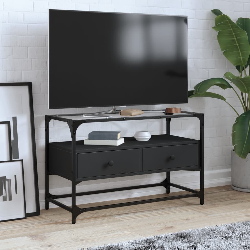 Vetonek Mueble TV cristal y madera ingeniería negro 80x35x51 cm