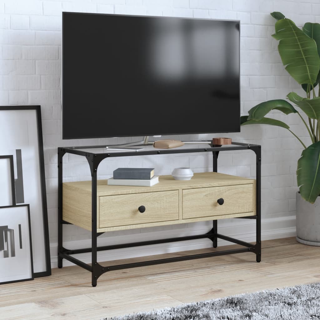 Vetonek Mueble TV cristal y madera ingeniería roble Sonoma 80x35x51 cm