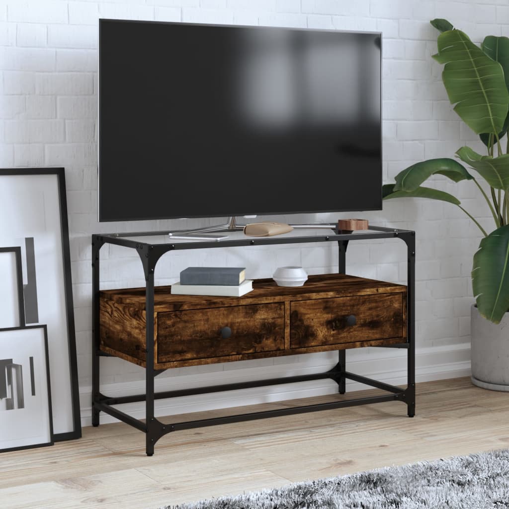 Vetonek Mueble TV cristal y madera ingeniería roble ahumado 80x35x51 cm