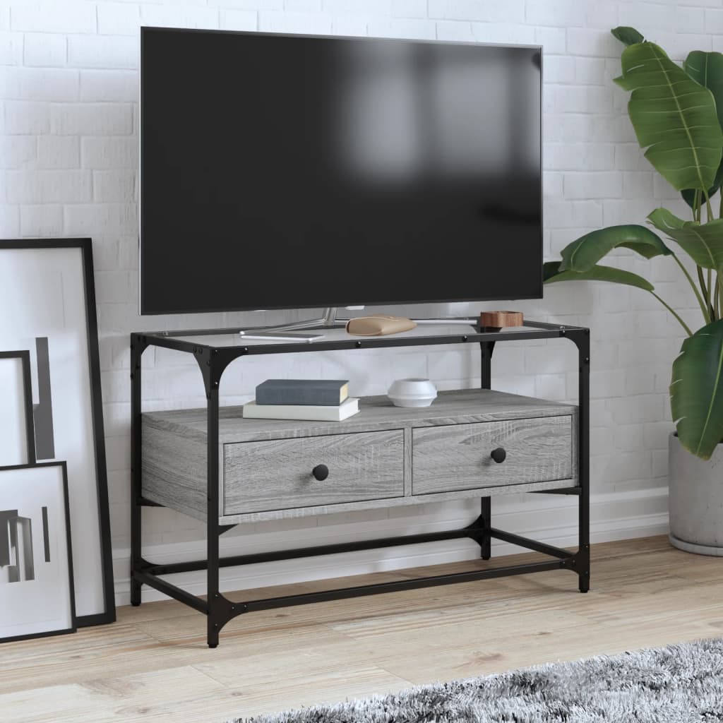 Vetonek Mueble TV cristal y madera ingeniería gris Sonoma 80x35x51 cm