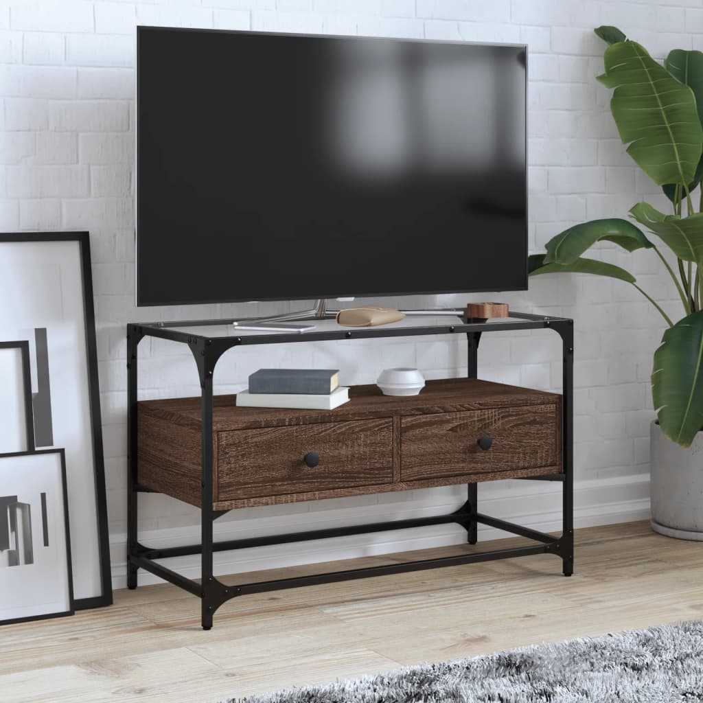 Vetonek Mueble TV cristal y madera ingeniería marrón roble 80x35x51 cm