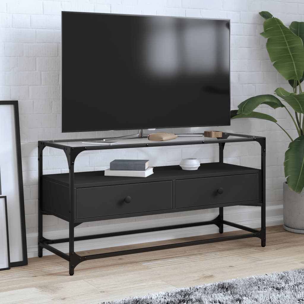 Vetonek Mueble TV cristal y madera ingeniería negro 98x35x51 cm