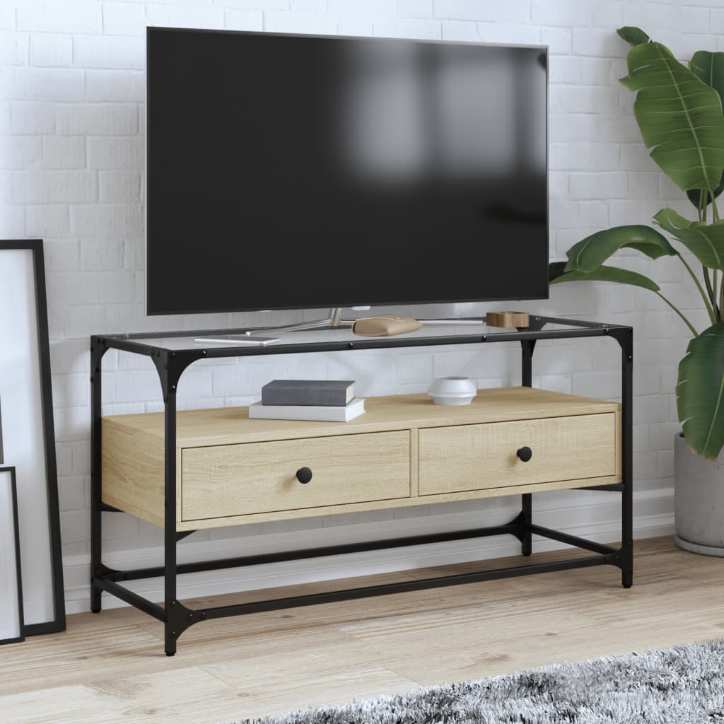 Vetonek Mueble TV cristal y madera ingeniería roble Sonoma 98x35x51 cm