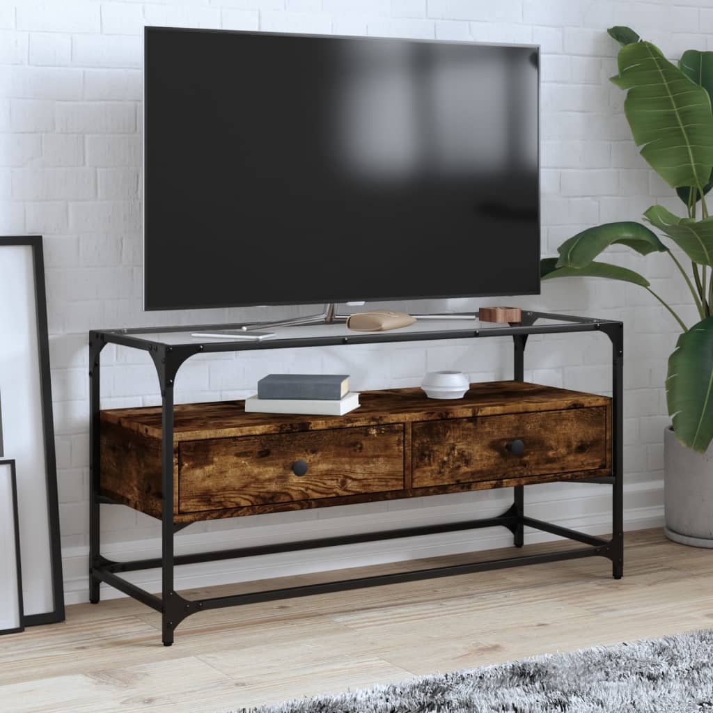 Vetonek Mueble TV cristal y madera ingeniería roble ahumado 98x35x51 cm