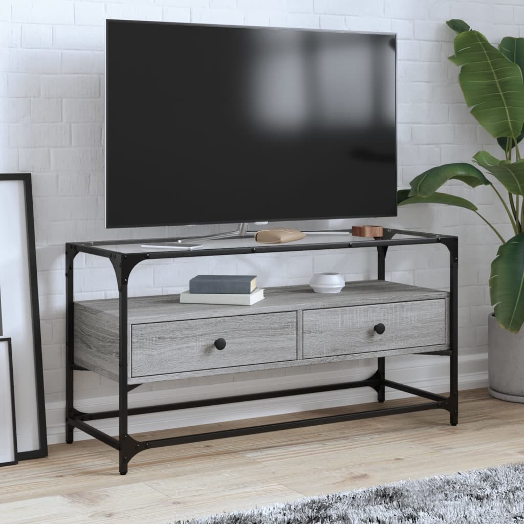 Vetonek Mueble TV cristal y madera ingeniería gris Sonoma 98x35x51 cm