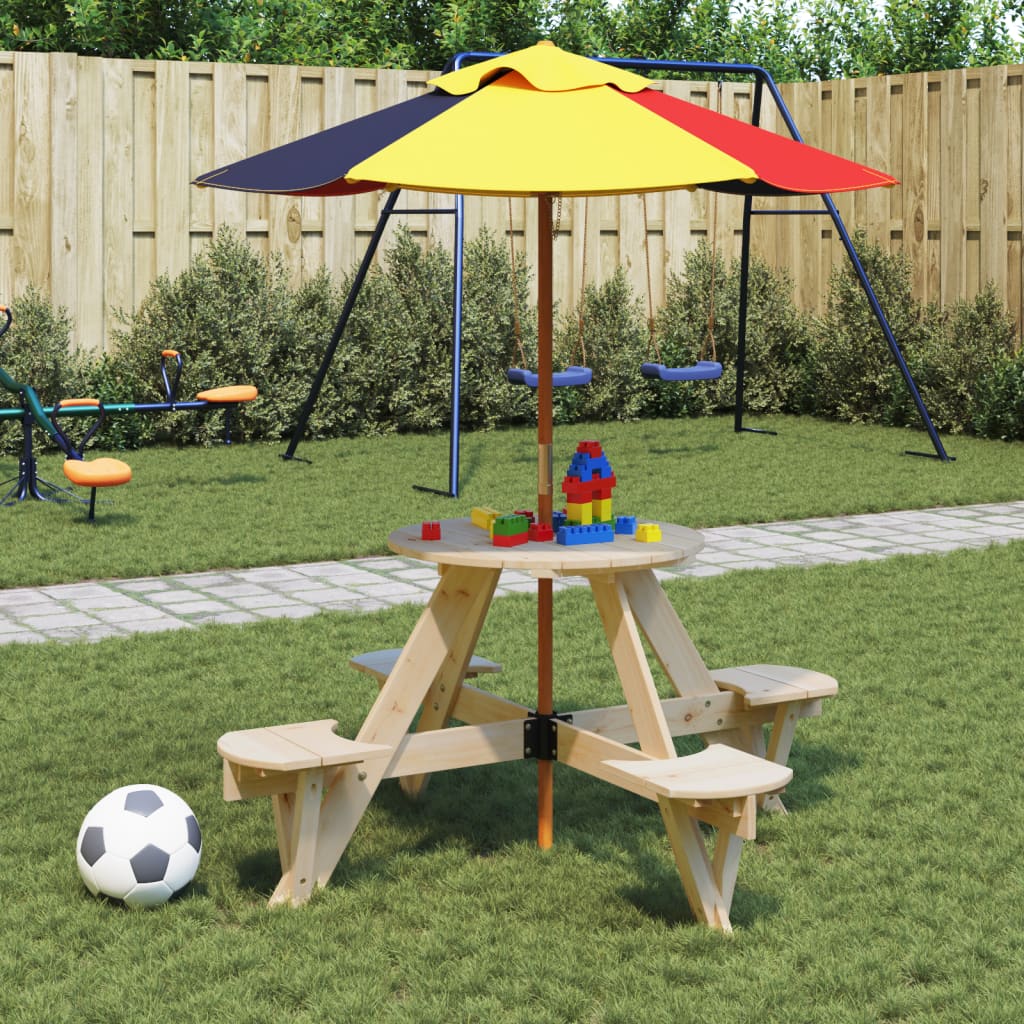 Vetonek Mesa de picnic para 4 niños agujero para sombrilla madera abeto