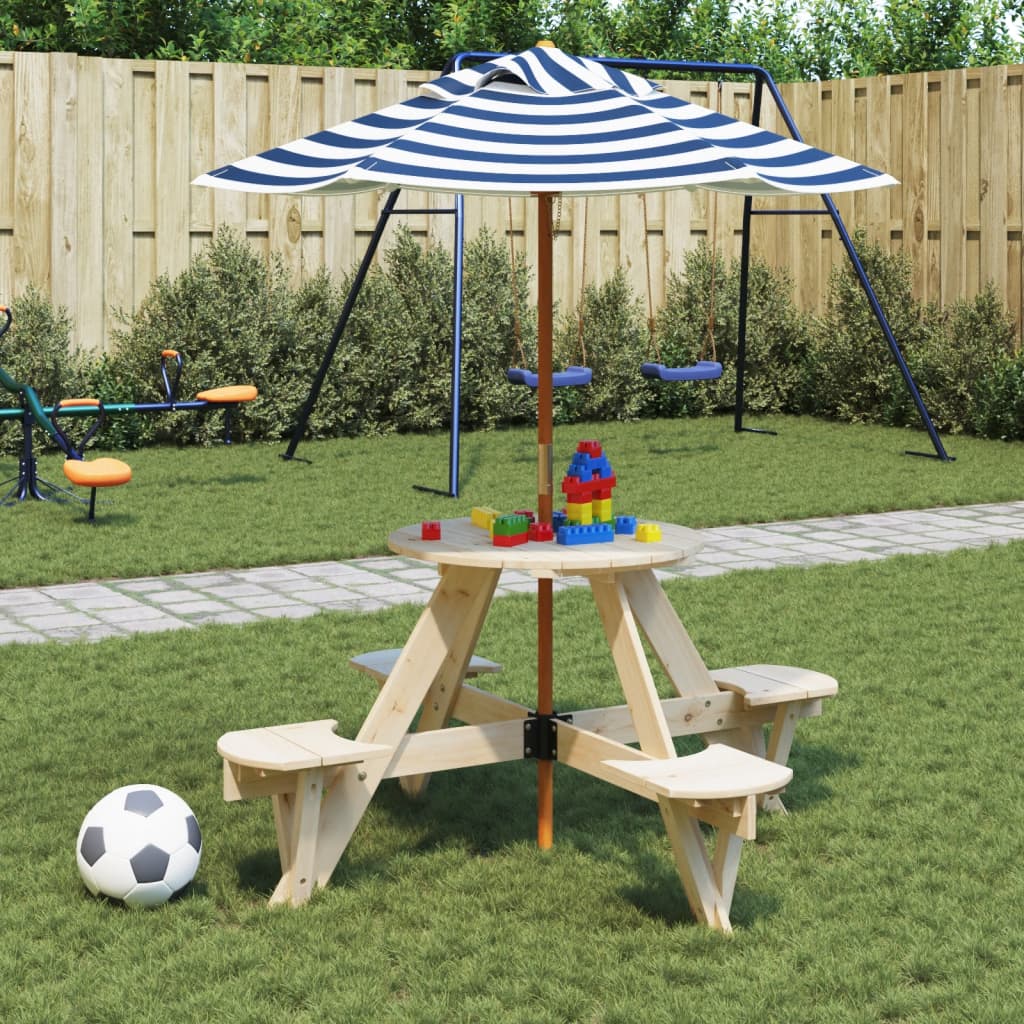 Vetonek Mesa de picnic para 4 niños agujero para sombrilla madera abeto