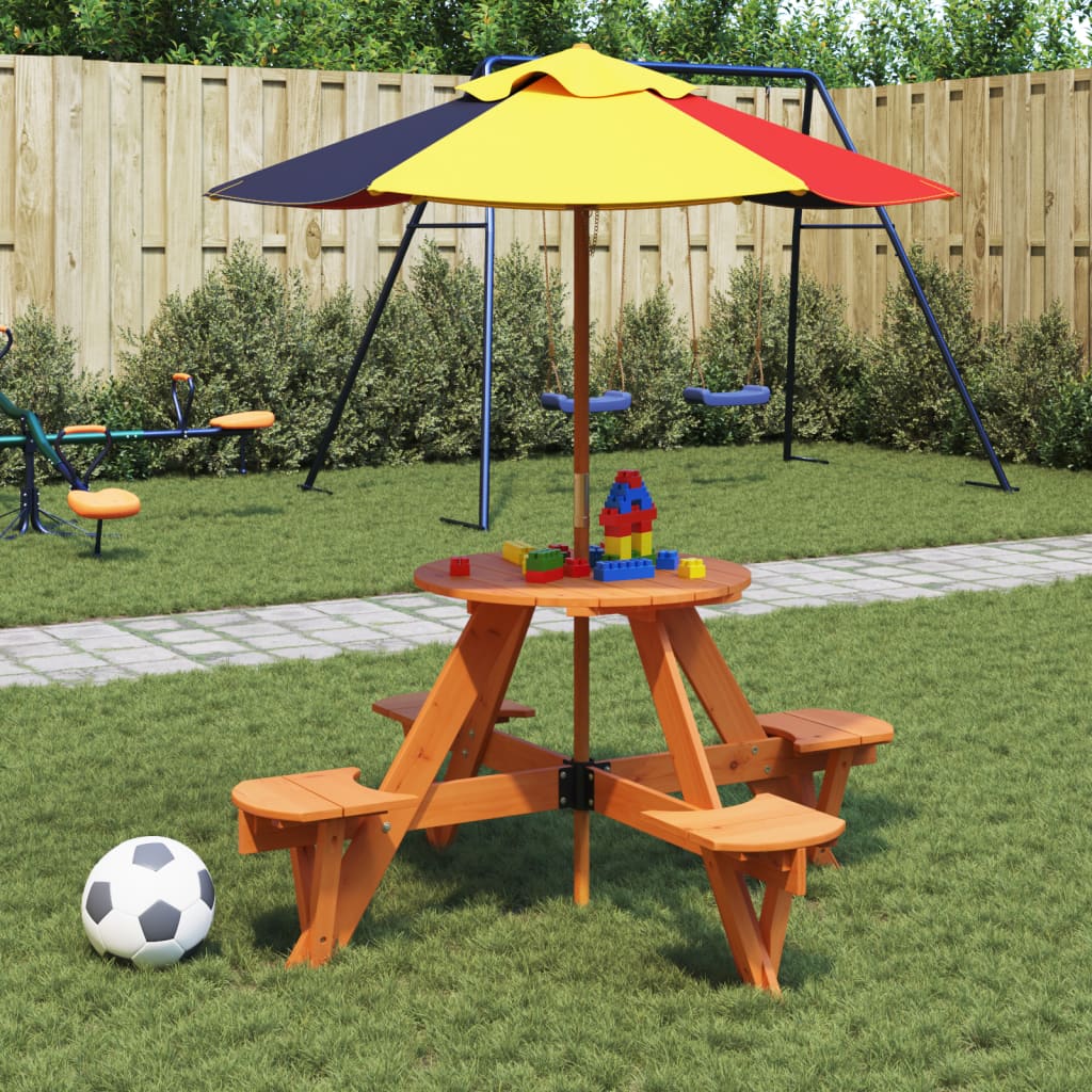 Vetonek Mesa de picnic para 4 niños agujero para sombrilla madera abeto