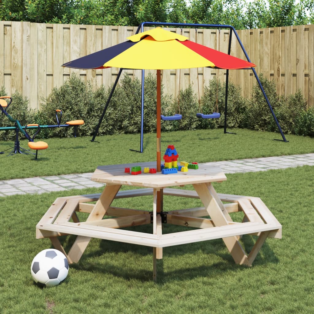 Vetonek Mesa de picnic hexagonal 6 niños agujero sombrilla madera abeto