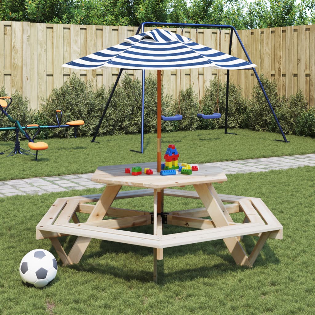 Vetonek Mesa de picnic hexagonal 6 niños agujero sombrilla madera abeto