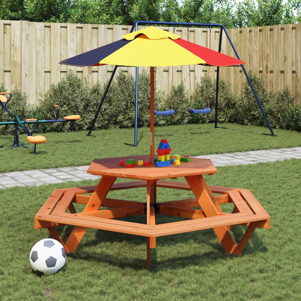 Vetonek Mesa de picnic hexagonal 6 niños agujero sombrilla madera abeto