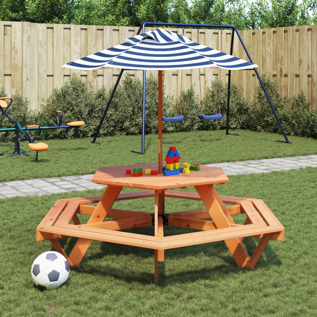 Vetonek Mesa de picnic hexagonal 6 niños agujero sombrilla madera abeto