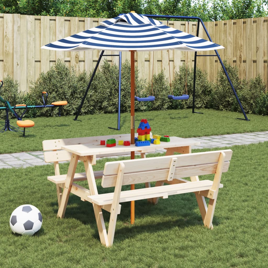 Sombrilla de jardín para niños con mesa de madera y bancos, ideal para actividades al aire libre en el jardín.