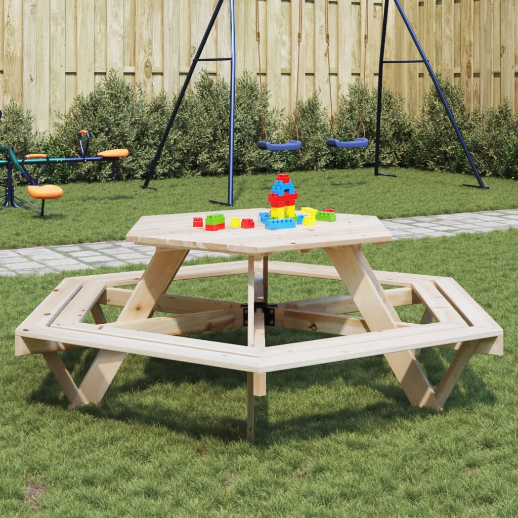 Vetonek Mesa de picnic hexagonal 6 niños agujero sombrilla madera abeto