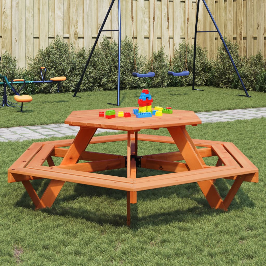 Vetonek Mesa de picnic hexagonal 6 niños agujero sombrilla madera abeto