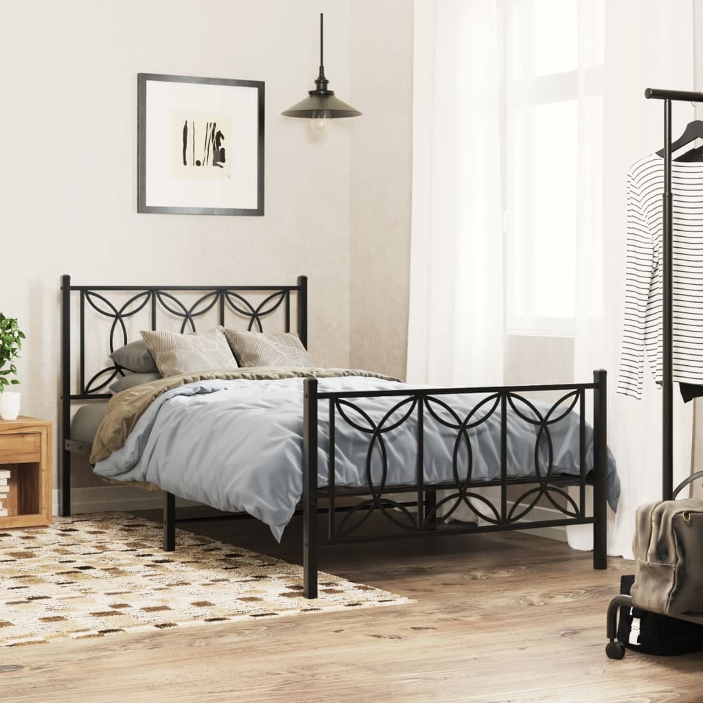 Estructura de cama sin colchón de metal negro, diseño elegante y robusto en dormitorio moderno, 107x203 cm.