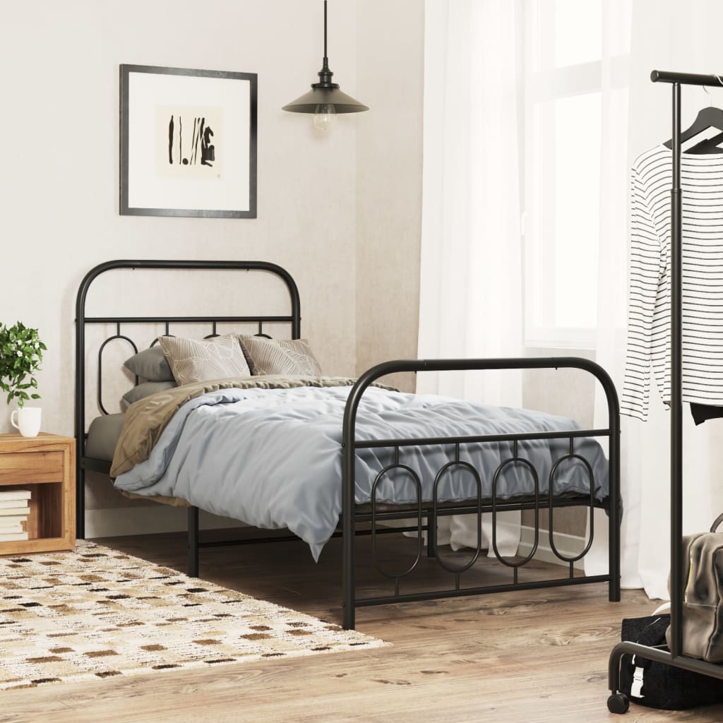 Estructura de cama de metal negro 90x190 cm en dormitorio moderno con decoración elegante y atemporal.