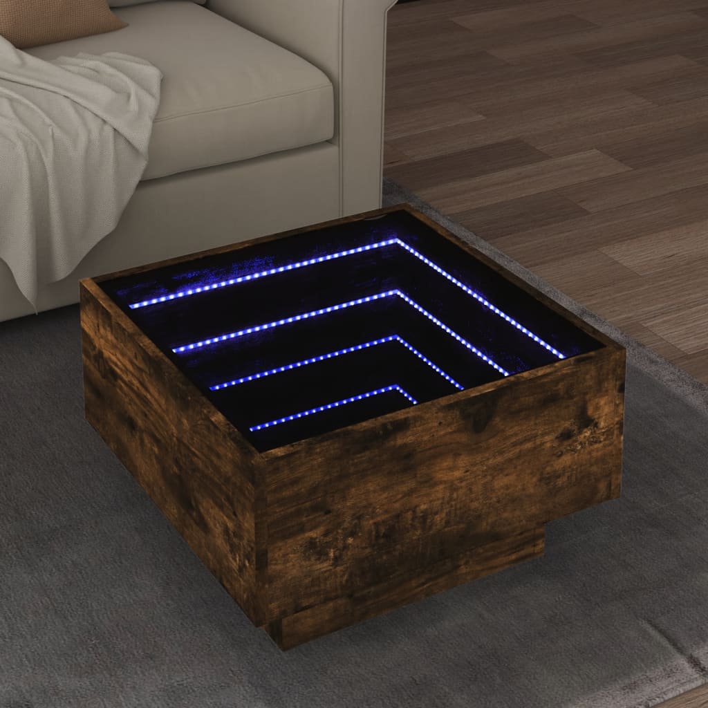 Vetonek Mesa de centro y LED madera ingeniería roble ahumado 50x50x30cm