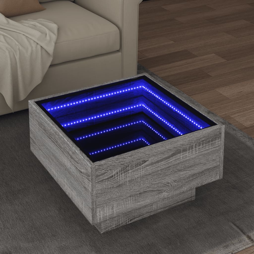 Vetonek Mesa de centro y LED madera ingeniería gris Sonoma 50x50x30 cm