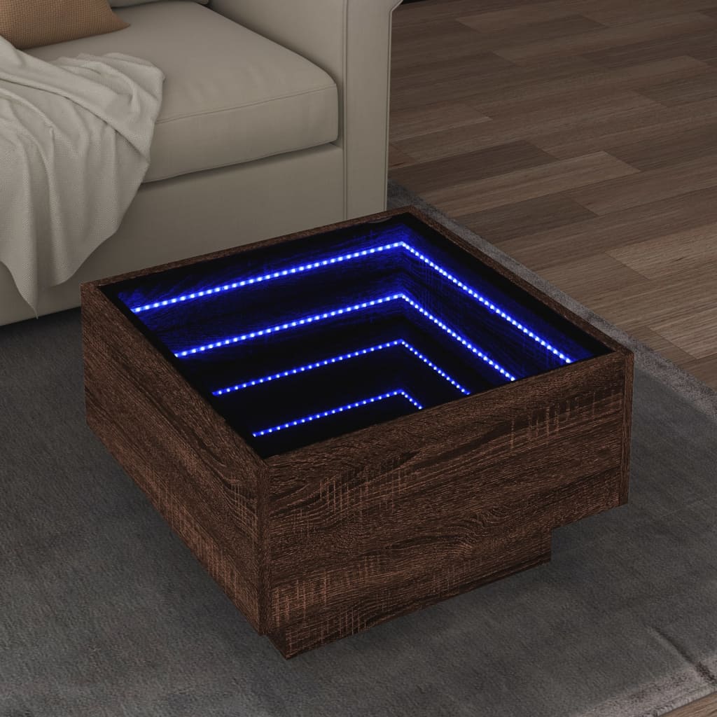 Vetonek Mesa de centro y LED madera ingeniería marrón roble 50x50x30 cm