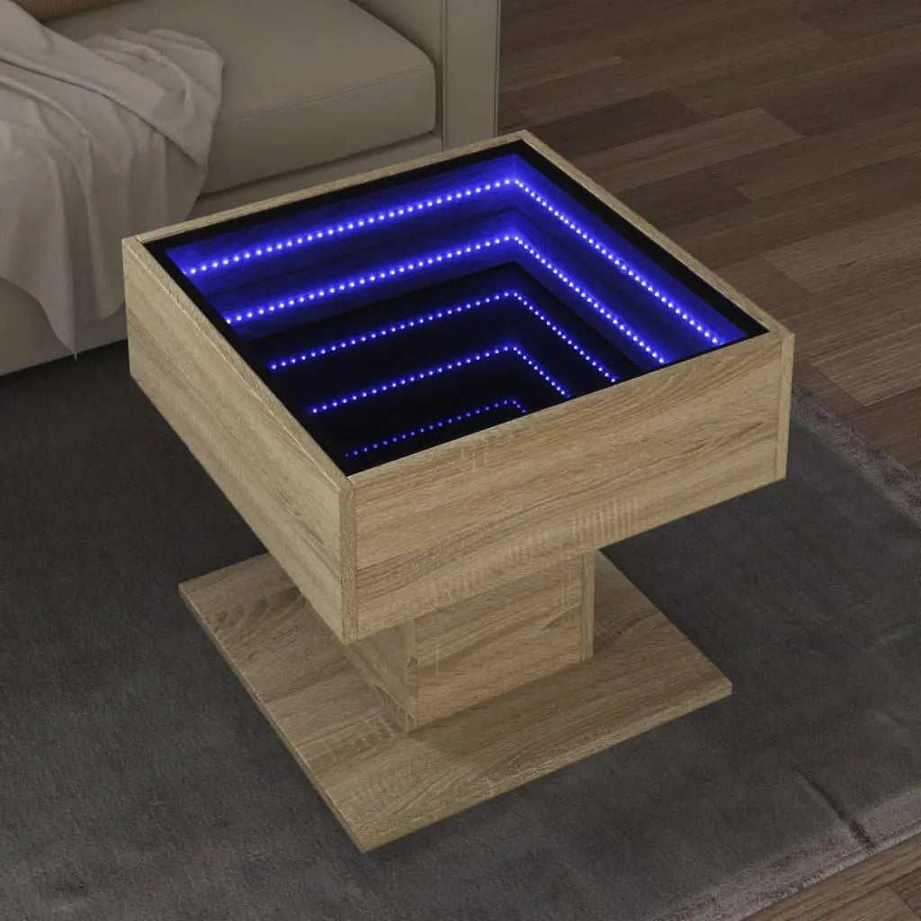 Vetonek Mesa de centro y LED madera ingeniería roble Sonoma 50x50x45 cm