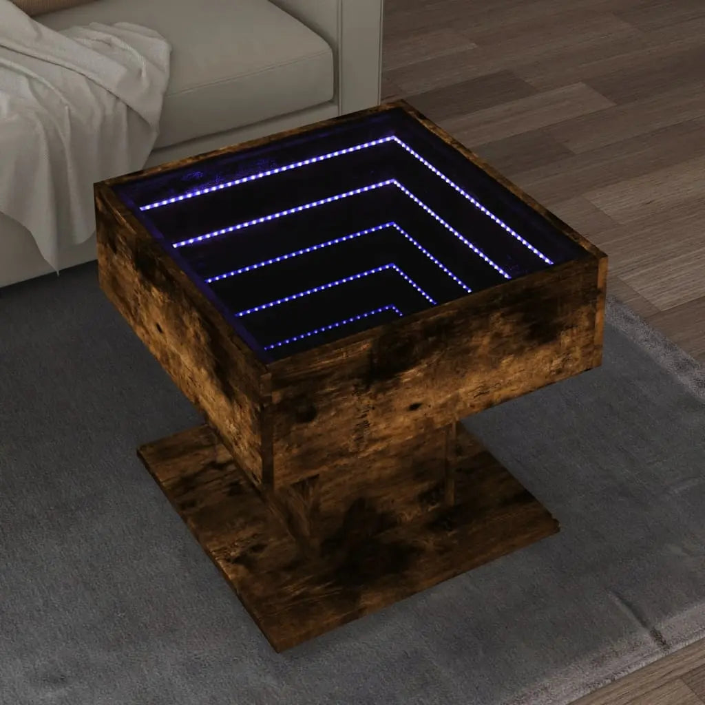 Vetonek Mesa de centro y LED madera ingeniería roble ahumado 50x50x45cm