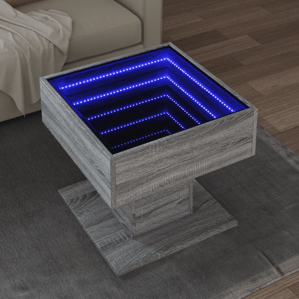 Vetonek Mesa de centro y LED madera ingeniería gris Sonoma 50x50x45 cm