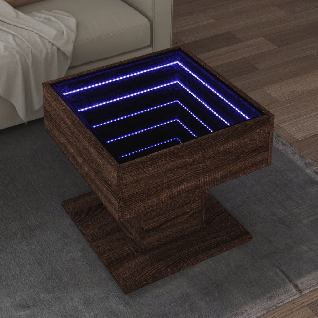 Vetonek Mesa de centro y LED madera ingeniería marrón roble 50x50x45 cm