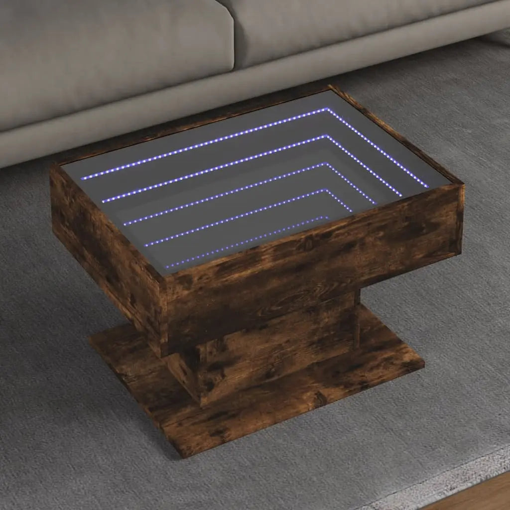 Vetonek Mesa de centro y LED madera ingeniería roble ahumado 70x50x45cm