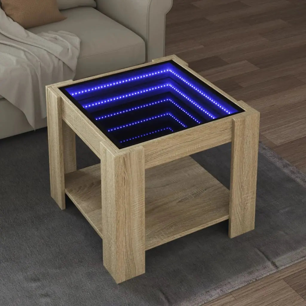 Vetonek Mesa de centro y LED madera ingeniería roble Sonoma 53x53x45 cm