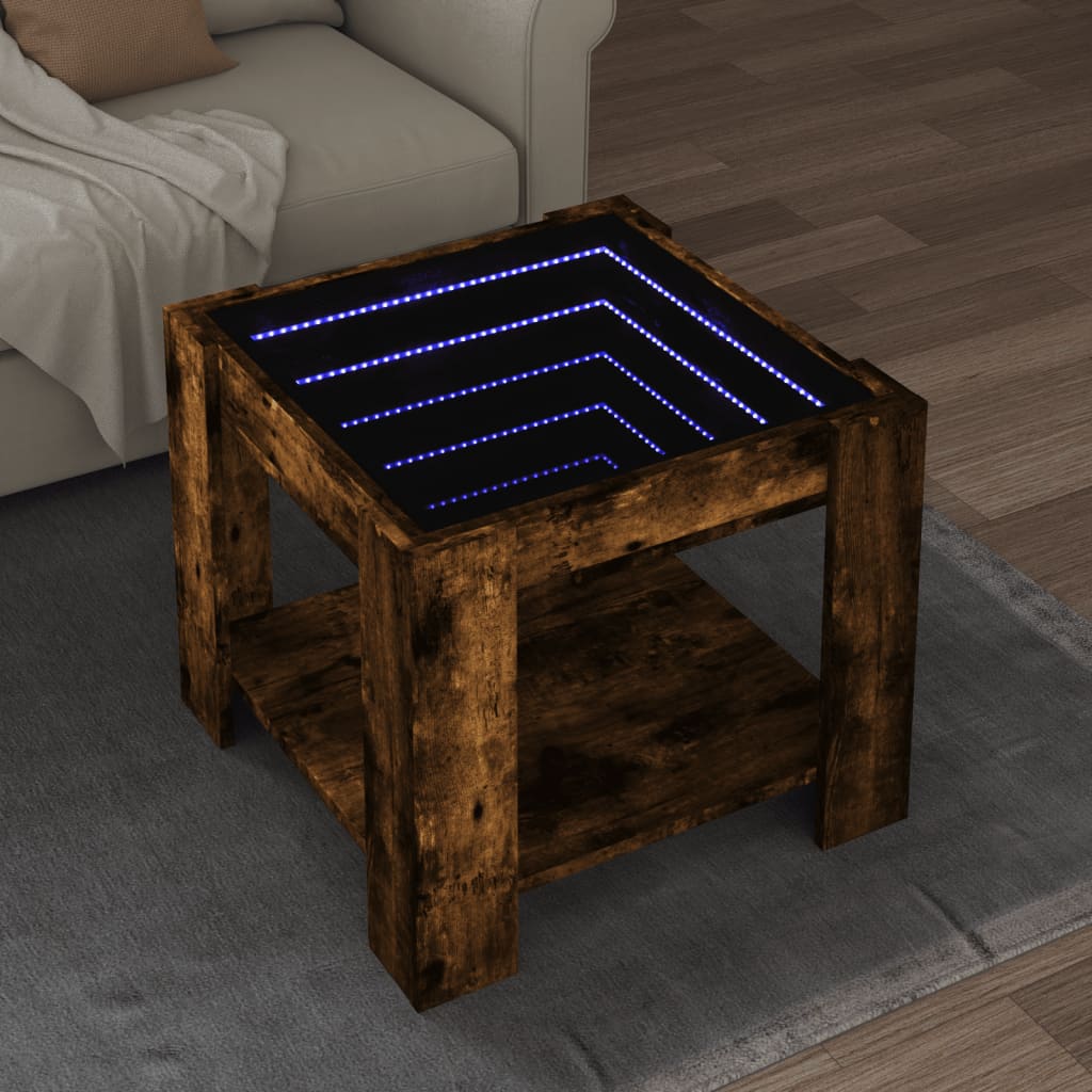 Vetonek Mesa de centro y LED madera ingeniería roble ahumado 53x53x45cm