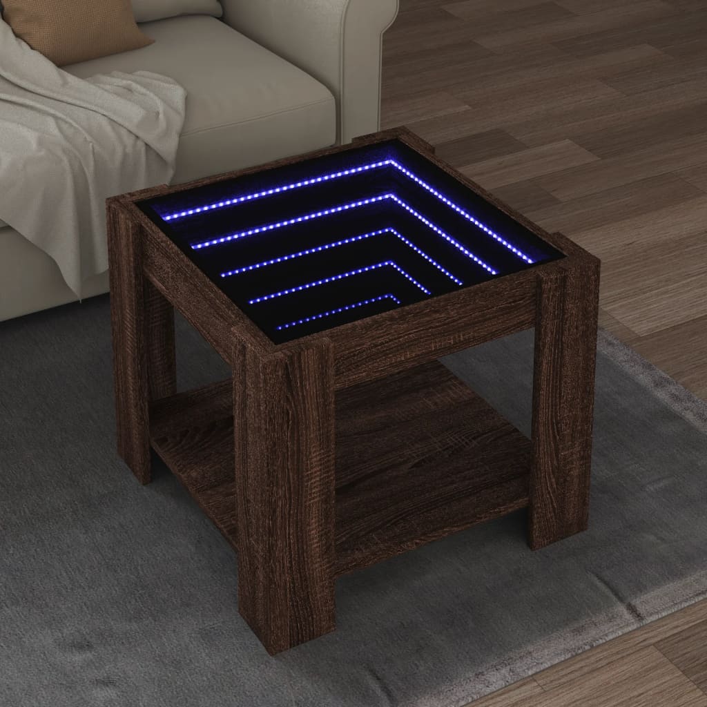 Vetonek Mesa de centro y LED madera ingeniería marrón roble 53x53x45 cm